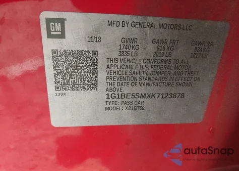 2019 Chevrolet Cruze Lt z USA, uszkodzony, nr VIN 1G1BE5SMXK7123878